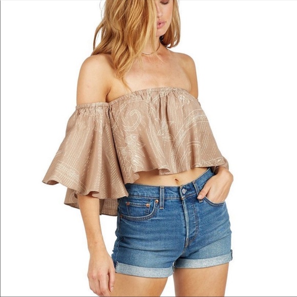 Cleobella Tops - Cleobella Tan Gold Off Shoulder Ruffle Crop Top